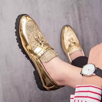 Большие размеры 45, остроносые кожаные туфли, мужские модные кожаные ботинки челси с пайетками, британские туфли для ночного клуба 38 золотой