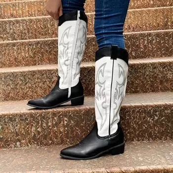 Большие размеры 45 женские вышитые сапоги в стиле вестерн выше колена ковбойские сапоги для девочек сапоги на толстом каблуке и платформе женская обувь в стиле вестерн 36 чёрный