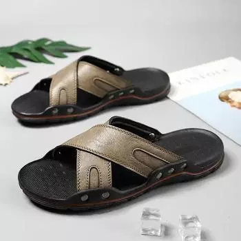 Большие размеры 47 48 мужские кожаные тапочки летние уличные сандалии легкие мягкие пляжные тапочки для мужчин повседневные шлепанцы мужская обувь 38 серый