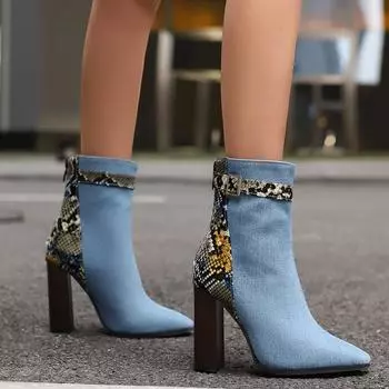 Большие размеры 48 49 50. Осенние новые женские туфли из синей джинсовой ткани с квадратным носком. Ботильоны-змеевик в стиле пэчворк. Ботильоны на высоком каблуке с застежкой-молнией. 6