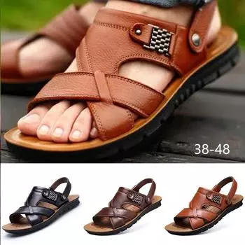 Большие размеры 48, мужские кожаные сандалии, летняя классическая мужская обувь, тапочки, мягкие сандалии, мужские римские удобные уличные прогулочные туфли 38 чёрный