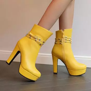 Большие размеры 49 50 женские панк-сапоги с заклепками и пряжками ярко-желтые темно-синие супер-высокие каблуки на платформе женские туфли 34