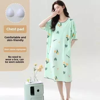 Большие размеры 4XL 5XL Женские милые ночные рубашки с коротким рукавом и подкладками для груди Женские летние ночные рубашки с цветочным принтом Домашняя одежда для девочек Милая ночная рубашка Домашняя одежда M