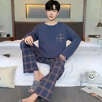 Большие размеры 5XL 6XL клетчатые пижамы для отдыха для мужчин, комплекты пижам для мальчиков, весна-осень, хлопок, комплекты пижам для мальчиков, ночная одежда с длинным рукавом, домашняя одежда, верхняя одежда L темно-синий