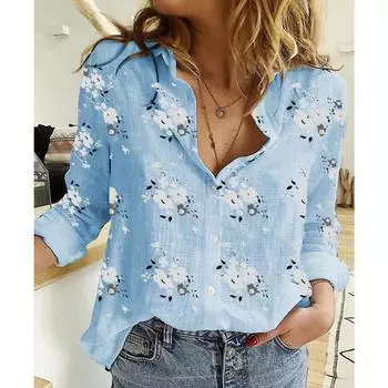 Большие размеры 5XL, блузка с цветочным принтом, женская хлопковая льняная рубашка с длинными рукавами, повседневная блузка на пуговицах с лацканами, весенне-осенний женский топ S синий