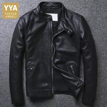 Большие размеры 5XL, повседневная кожаная куртка, мужская куртка с воротником-стойкой, черные куртки из 100% воловьей кожи, мужская куртка высокого качества из натуральной кожи S чёрный