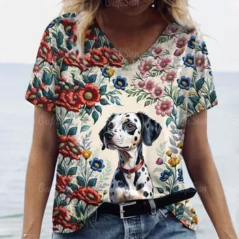 Большие размеры 6XL, женские футболки большого размера с коротким рукавом, с принтом животных, топы, милые футболки с V-образным вырезом, летняя женская футболка, новинка 2024 года в уличном стиле 6XL