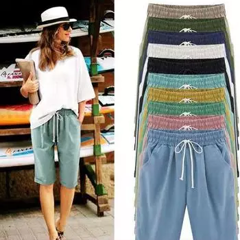 Большие размеры 8XL, летние модные женские повседневные брюки до щиколотки, свободные однотонные шорты на шнуровке для женщин больших размеров S светло-синий