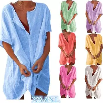 Большие размеры 8XL, однотонная рубашка, женская блузка с глубоким V и коротким рукавом, летняя свободная футболка для отдыха, платье 8XL