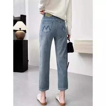 Большие размеры эластичные джинсы женские с высокой талией утягивающие свободные прямые брюки-трубы Nine XS