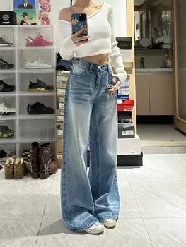 Большие размеры, американская мода, плиссированные, потертые, широкие джинсы в стиле ретро, женские брюки с высокой талией, свободные прямые утягивающие брюки S синий