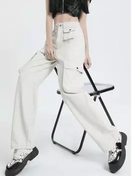 Большие размеры, американские винтажные джинсы-карго с несколькими карманами, женские толстые мм, осенние прямые свободные широкие брюки с высокой талией, модные S античный белый