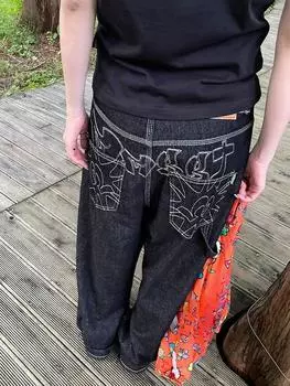 Большие размеры, американские вышитые широкие джинсы, женские летние с высокой талией, свободные темные прямые брюки в стиле ретро 2000-х годов, повседневные длинные брюки 2020 года S чёрный