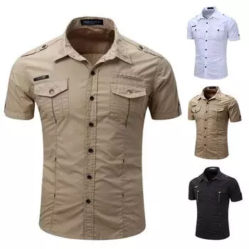 Большие размеры Arrive Mens Cargo Shirt Men Casual Shirt Solid Short Sleeve Shirts Multi Pocket Work Shirt XXXL белый