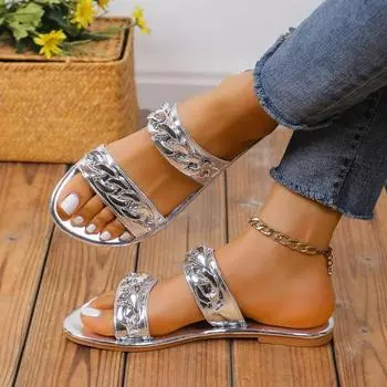 Большие размеры балетки женские летние новые металлические ремешки на плоской подошве с открытым носком и квадратным задником 36 серебряный