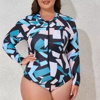 Большие размеры бикини женские молния длинный рукав принт цельный купальник женский пляжный купальник XL