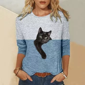 Большие размеры, блузки с котом, 5xl, повседневные рубашки контрастного цвета с принтом кота, рубашка из хлопка с длинными рукавами для женщин, Blusas De Mujer XL