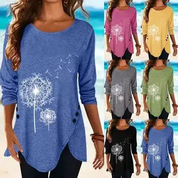 Большие размеры Блузки с одуванчиками Женская блузка с длинным рукавом Топы с круглым вырезом с 3D принтом Футболка Туника Рубашки Блузка S зелёный