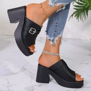 Большие размеры босоножек на высоком каблуке, женская модная верхняя одежда, лето 2024, новые тапочки с толстой подошвой и толстым каблуком, односложные, модные 36 чёрный