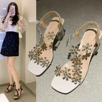 Большие размеры босоножек на высоком каблуке женские 2025 новые летние босоножки с хрустальным каблуком модные прозрачные женские босоножки на толстом каблуке 35 чёрный