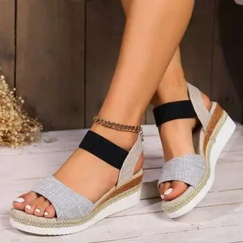 Большие размеры босоножки на танкетке и платформе, лето 2024, женские босоножки с эластичной подошвой и рыбьим ртом на платформе 35 чёрный