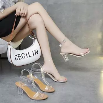 Большие размеры босоножки на толстом каблуке высокие каблуки 2024 новый стиль феи слово с хрустальной пряжкой на ремне модные босоножки 35 абрикосовый