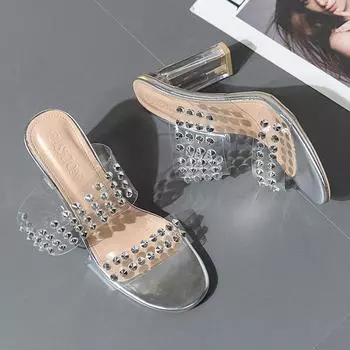 Большие размеры босоножки на высоком каблуке лето 2025 года импортные новые прозрачные босоножки с кристаллами и стразами женские бриллианты 35 прозрачный