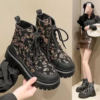 Большие размеры Ботинки Martin женские бархатные теплые британские короткие ботинки на толстом каблуке женские модные ботинки со шнуровкой спереди женские 35