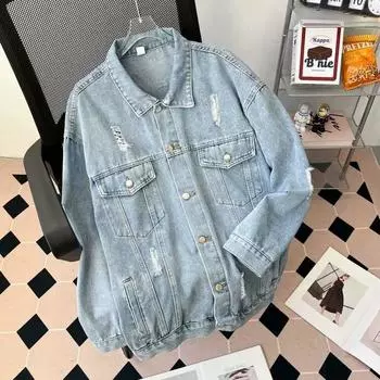Большие размеры джинсовая куртка женская верхняя одежда свободные джинсовые куртки женские винтажные большие размеры свободная уличная одежда 4XL синий