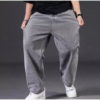 Большие размеры джинсы мужские осенние свободные прямые повседневные джинсовые брюки с эластичной талией и широкими штанинами для мужчин весна-осень 2025 S светло-синий