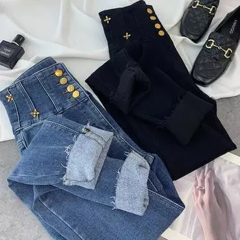 Большие размеры джинсы осень женские базовые свободные карандаш повседневные женские синие пуговицы брюки брюки S синий