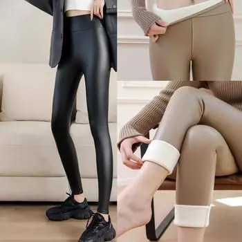 Большие размеры флисовые высокие эластичные длинные леггинсы женские осенне-зимние кожаные брюки женские большие бархатные тонкие теплые кожаные леггинсы L