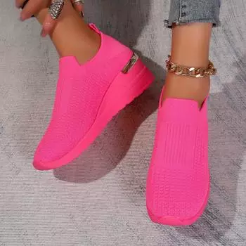 Большие размеры Fly-Woven Повседневные сетчатые туфли для женщин Спортивные туфли Wind Slope на толстой подошве с одной педалью Чехол Ленивые туфли 37 розы красного