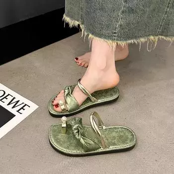 Большие размеры французские нишевые тапочки на плоской подошве женские весенние 2025 новые модные повседневные закрытые пляжные сандалии верхняя обувь 35 бежевый