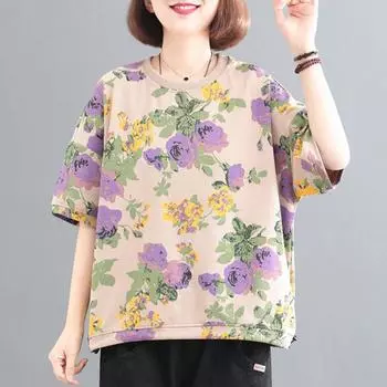 Большие размеры хлопковая футболка женская весна лето удобные топы рубашки повседневные принтованные топы с коротким рукавом женские XXXXXL зелёный