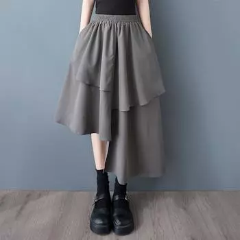 Большие размеры Хлопок Высокая талия винтаж Лето повседневная свободная длинная для женщин юбки женская юбка серый