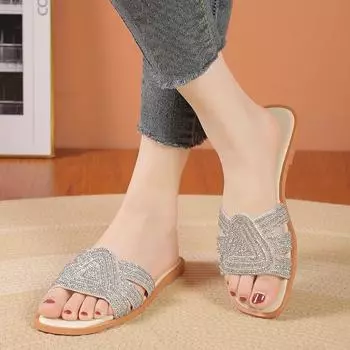Большие размеры, холодные тапочки, летние, новые, с круглым носком, на низком каблуке, со стразами, женские, нескользящие, износостойкие, холодные тапочки 35 грязно-белый