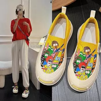 Большие размеры, индивидуальные холщовые туфли-лодочки с граффити, женские весенние новые модные женские туфли с круглой подошвой и толстой подошвой 35