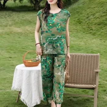 Большие размеры Элегантные женские брюки комплекты летняя винтажная одежда свободный комплект из двух предметов для женщин наряд XL
