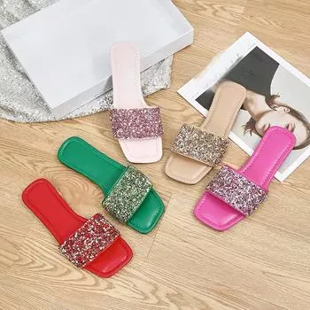 Большие размеры классные тапочки женские летние 2024 года новые европейские и американские верхняя одежда модные блестки односложные плоские пляжные туфли 36 розы красного