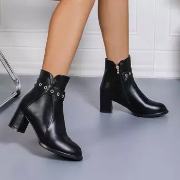 Большие размеры короткие толстые каблуки ботинки Martin женские заостренные носки с молнией сбоку и пряжкой на ремне тонкие кожаные ботинки 35 чёрный
