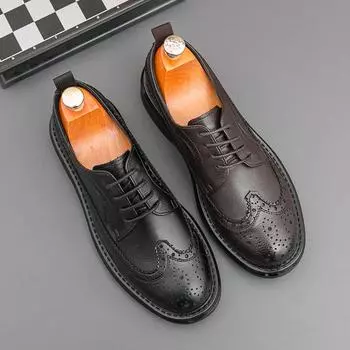 Большие размеры кожаные туфли с круглой головкой и гравировкой Brock мужские модные деловые черные повседневные кожаные туфли на платформе 38