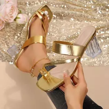 Большие размеры, крутые тапочки на высоком каблуке, женские, лето 2024, новые модные босоножки на толстом каблуке со стразами 36 золотой