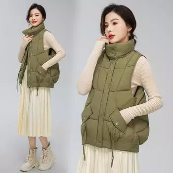 Большие размеры L-5XL, осенние теплые куртки без рукавов для женщин, новые повседневные свободные женские жилеты с воротником-стойкой, зимние короткие пальто в корейском стиле 2XL бежевый