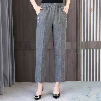 Большие размеры L-6XL, летние брюки с высокой талией, женские длинные брюки из хлопка и льна с эластичной резинкой на талии, летние базовые брюки L бежевый