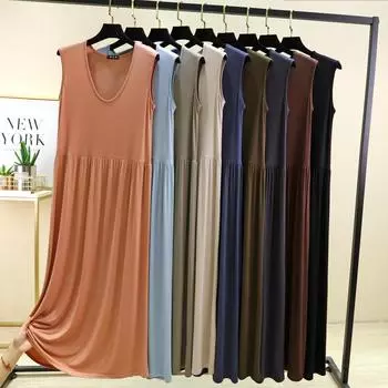 Большие размеры L до 6XL Женское платье Модальное платье-майка без рукавов Плиссированная пижама Платья средней длины, утягивающие талию Свободная домашняя одежда M чёрный