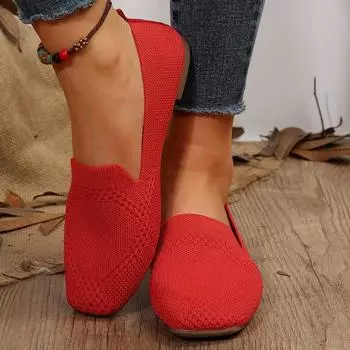 Большие размеры Lazy One-Pedal Casual Shoes Square Head Flat Bottom Hollow Fly-Woven Single Shoes 35 красный