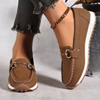 Большие размеры ленивые туфли женские 2024 осень новые неглубокие металлические декоративные туфли с одной педалью повседневные одинарные туфли 36 коричневый