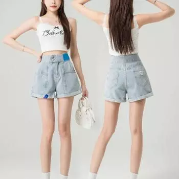 Большие размеры, ленивый стиль, синие джинсовые шорты для женщин, летний дизайн, высокая талия, две пуговицы, свободные фигурные брюки А-силуэта, широкие брюки S