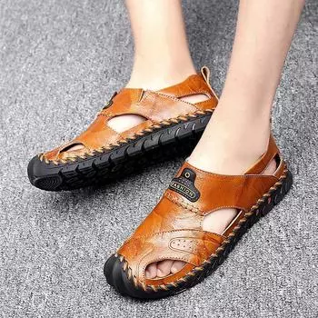 Большие размеры Летние дышащие кожаные сандалии ручной работы Дышащие повседневные нескользящие мужские пляжные туфли Мужские сандалии с закрытым носком 38